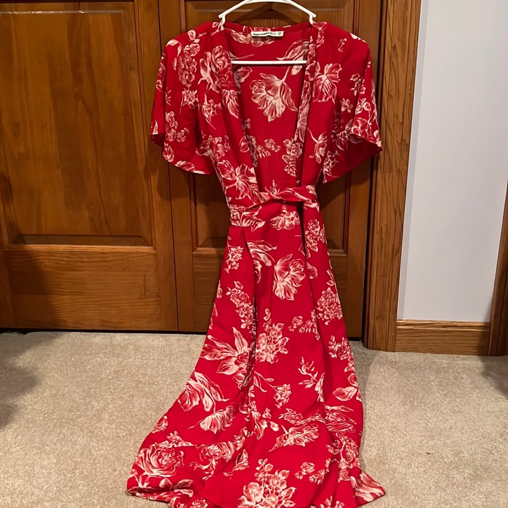 Red and white floral print wrap around maxi dress